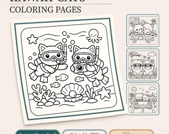 Kawaii cats coloring book for fall coloring of 30 bold & easy PDF pages | Digital download