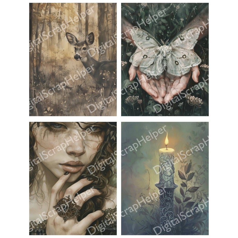 Pu&ograve; includere: Un collage di quattro immagini con un tema naturalistico. L'immagine in alto a sinistra mostra un cervo in un bosco. L'immagine in alto a destra mostra un paio di mani che tengono una falena bianca. L'immagine in basso a sinistra mostra il viso di una donna con un anello al dito. L'immagine in basso a destra mostra una candela con una fiamma.