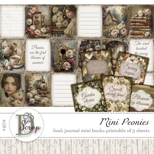 Mini libri stampabili di peonie da 3 fogli, libri di case delle bambole, libri Timeworn Floral Shabby Cottage Romance Garden, forniture per diari spazzatura Cottagecore #970
