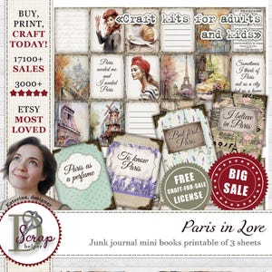 Paris Minibücher druckbar von 3 Blatt Shabby Chic Romantik Eiffelturm Louvre Moulin Rouge Montmartre Französisch Frankreich Zeitschrift #626