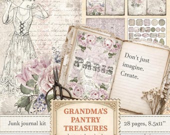 Shabby chic pink junk journal kit for vintage rose scrapbooking | Digital download | 029