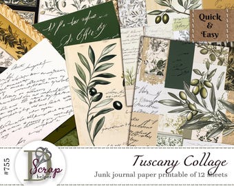 Tuscany Italy olive grove paper printable 12 sheets Masterboard Scrappy Green Olive branch Clipart Parchment paper Free commercial use #755