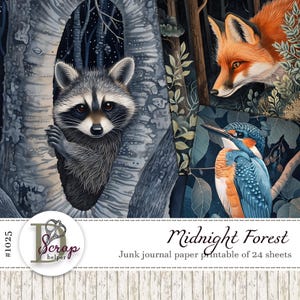 Carta stampabile con animali della foresta di mezzanotte, 24 fogli Animali del bosco Animali selvatici Fauna Natura Fauna selvatica Forniture per diari spazzatura della foresta #1025