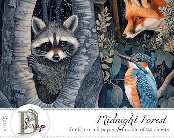 Midnight forest animals paper printable 24 sheets Woodland animals Wild animals Fauna Nature Wildlife Forest junk journal supplies #1025
