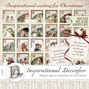 Vintage kerst adventskalender afdrukbaar van 5 vellen Inspirerend dagelijks december aftellen adventsnummers benodigdheden voor junkjournalen #221