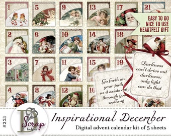 Vintage Christmas advent calendar printable of 5 sheets Inspirational December daily Countdown Advent numbers junk journal supplies #221