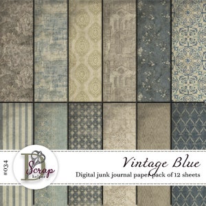 Vintage Junk Journal Papier Pack 12 Blätter Shabby Chic Botanischer Cottagecore Bibliothek Blau Blau #034