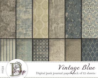 Vintage blue junk journal paper pack printable of 12 sheets Shabby chic Botanical Cottagecore Library Elegant junk journal supplies #034