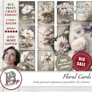 Vintage floral journal cards and tags printable of 5 sheets Shabby Garden Cottage Flowers Botanical Cottagecore junk journal supplies #365