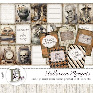 Halloween mini books printable of 3 sheets Boo Spooky Gothic Witch Monster Pumpkin Ghost Black cat Happy Halloween journal supplies #598