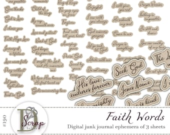 Faith journal words printable of 3 sheets Bible words Prayer Bible quotes Christian words Religious Jesus junk journal supplies #190