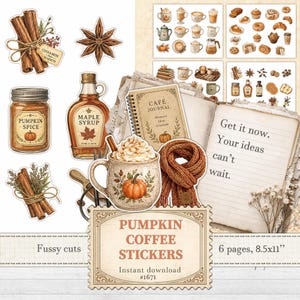 Puede incluir: Una colección de pegatinas digitales de café de calabaza con ilustraciones de canela, jarabe de arce, especias, un diario, una taza con nata y una bufanda. El texto dice Pumpkin Coffee Stickers, 6 pages, 8.5x11.