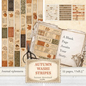 May include: A collection of printable journal ephemera featuring autumn-themed washi tape stripes with pumpkin, leaf, and acorn illustrations, vintage-style text, and grid patterns, displayed alongside a notebook and scissors.