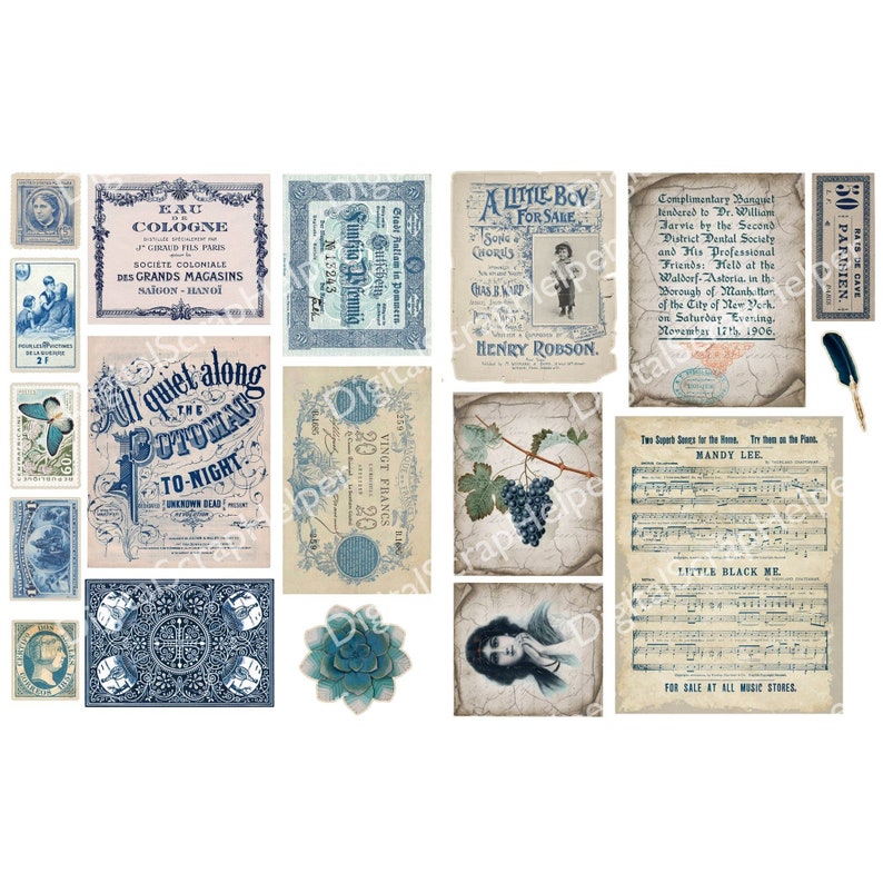 flea market ephemera, floral ephemera, shabby chic ephemera, botanical ephemera, antique ephemera, shabby junk journal, blue ephemera, shabby chic journal, blue shabby chic, blue digital paper, blue junk journal, vintage blue journal