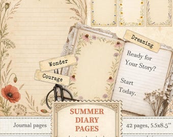 Summer meadow floral lined and unlined wildflower stationery for diary pages | Digital download | 1545
