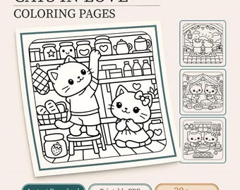 Alla hjärtans dag kawaii-katter målarbok för höstmålning med 30 djärva och enkla PDF-sidor | Digital nedladdning