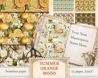 Sweet oranges seamless pattern with citrus tree and white blossom flowers | Digital download | 452