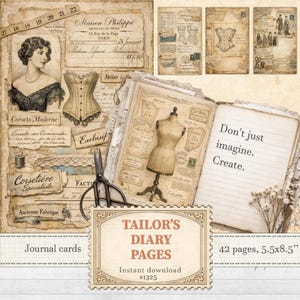 May include: Vintage-style journal cards with a tailor's theme. The image features antique paper textures, illustrations of corsets, a dress form, and handwritten text. The text includes "Tailor's Diary Pages" and "Don't just imagine. Create."