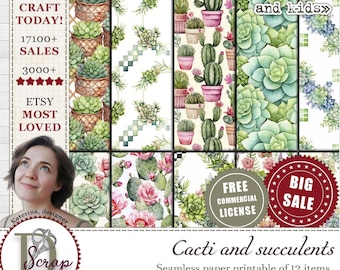 Cactus & Succulent Seamless Patterns, Commercial Use (12x12 in, 12 Sheets) (Digital Download)