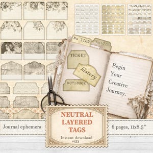 Puede incluir: Una colección de efímeras de diario en tonos neutros, que incluye etiquetas y elementos decorativos. La imagen presenta una estética vintage con diseños florales y de encaje, junto con el texto "Begin Your Creative Journey". El conjunto incluye 6 páginas, 27,9 x 21,6 cm.