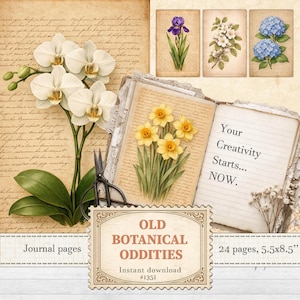 May include: A digital collage featuring botanical illustrations and journal pages. The image includes a sprig of white orchids, a pair of scissors, and three botanical cards. The text reads "Your Creativity Starts... NOW." and "OLD BOTANICAL ODDITIES". The journal pages are 5.5 x 8.5 inches.