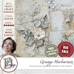 Tons neutres, pages d'herbier grunge, 20 feuilles de scrapbooking bohème imprimables, journal Distressed illustrations de marché aux puces, journal Vintabe n° 1115