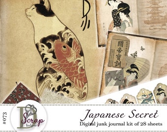 May include: A digital junk journal kit with 28 sheets featuring a Japanese theme. The cover image shows a black and white cat with a red and orange fish swimming in a wave. The text "Japanese Secret" is in a decorative font.