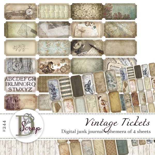 Vintage tickets printable 4 sheets Antique Scrapbook Retro Old Cottage Shabby chic Timeless treasures Cottagecore junk journal supplies #244