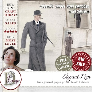 Masculine junk journal pages printable of 12 sheets Gentleman print Men Fashion Fathers Day For Him Husband junk journal supplies #297