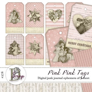 Pink Christmas tags ephemera printable of 3 sheets Cozy Christmas cards Shabby pink Advent calendar supplies junk journal supplies #278