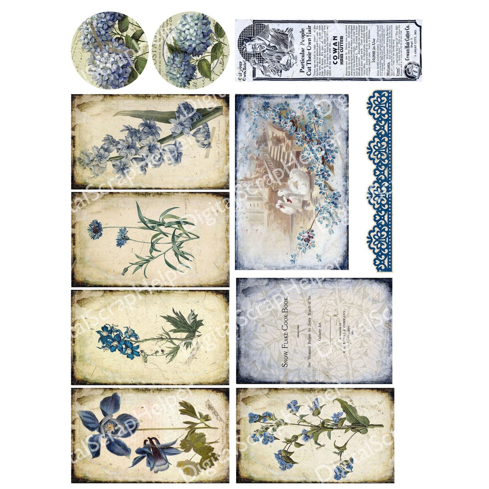 Vintage Blue Junk Journal Ephemera Printable of 15 Sheets Vintage ...