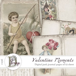 Vintage Valentine junk journal pages printable of 12 sheets Valentines day Romantic Cupid Valentine&#39;s Day Vintage junk journal supplies #296