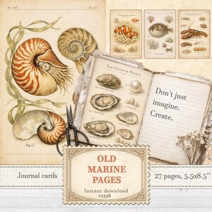 May include: Vintage-style journal cards featuring marine life illustrations, including nautilus shells, oysters, and coral. The design includes the text "Don't just imagine. Create." and "Old Marine Pages". The journal cards are 5.5 x 8.5 inches.