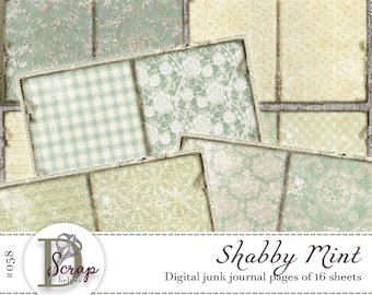 Sage green shabby chic junk journal double pages printable 16 sheets Cottagecore Retro Turquoise Teal Mint Green junk journal supplies #058