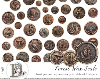 Forest wax seals Nature fussy cuts printable 2 sheets Antique wax seal for envelopes Faux wax stamp stickers Wax seal clipart supplies #798