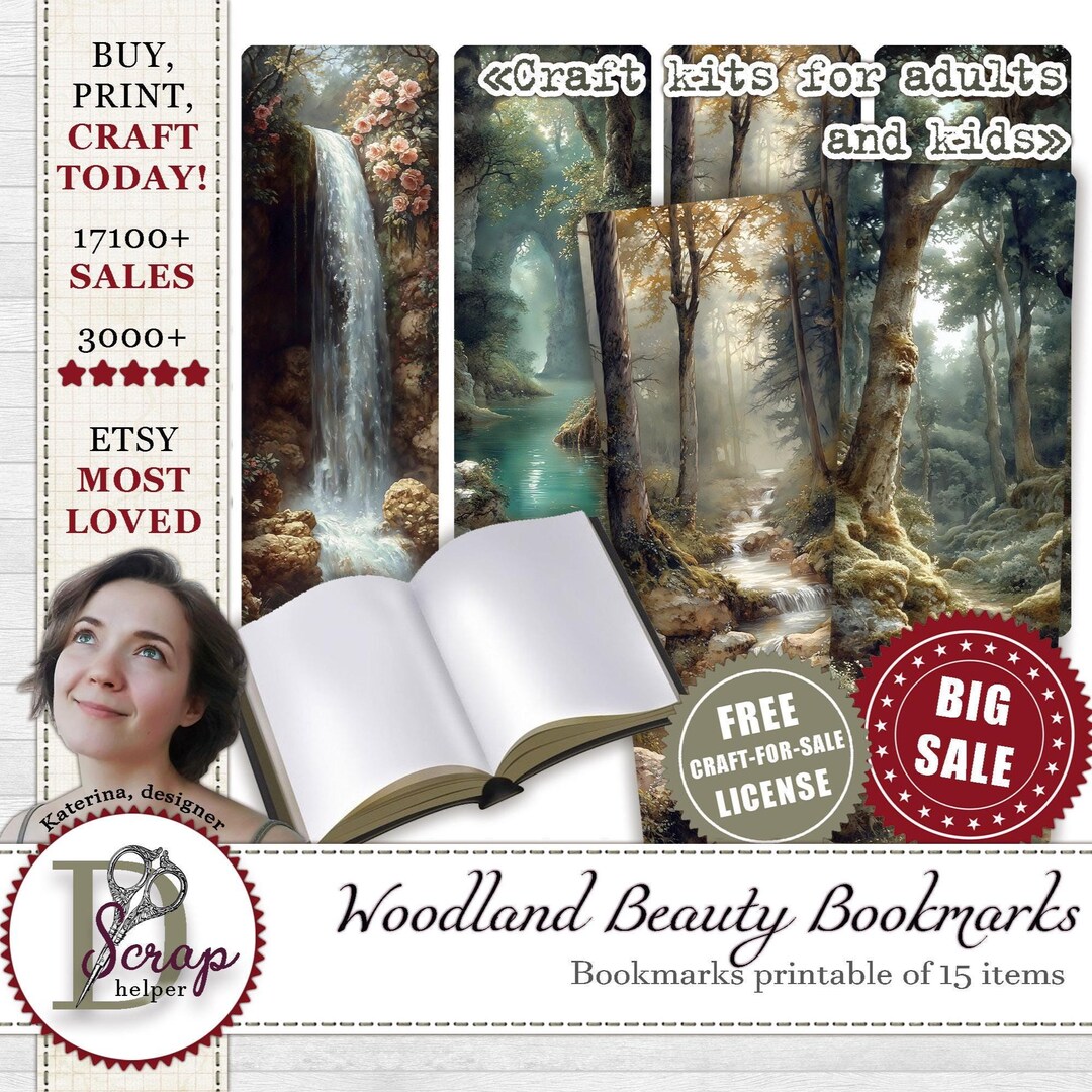 Woodland Bookmarks Set: Illustrated Forest, Waterfall (printable) - Etsy