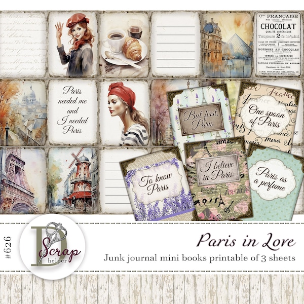 Paris mini books printable of 3 sheets Shabby chic Romance Eiffel tower Louvre Moulin rouge Montmartre French France journal supplies #626