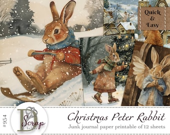Christmas Peter Rabbit junk journal paper printable of 12 sheets Scrappy Beatrix Potter Bunny Kids Baby Journaling Free commercial use #954