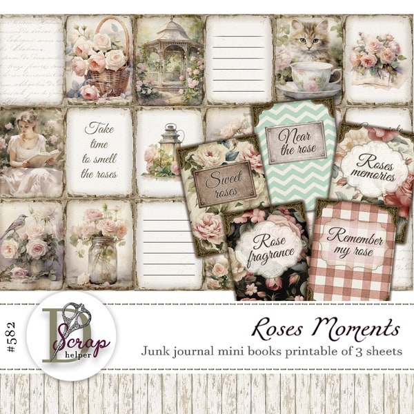 Roses mini books printable of 3 sheets Timeworn Floral Shabby chic Pink Cottage Romance Garden Rose Cottagecore junk journal supplies #582