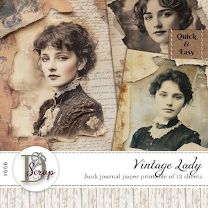 Vintage lady collagepapier afdrukbaar van 12 vellen Vintage foto Masterboard Shabby Scrappy Cottage Perkamentpapier Gratis commercieel gebruik #666