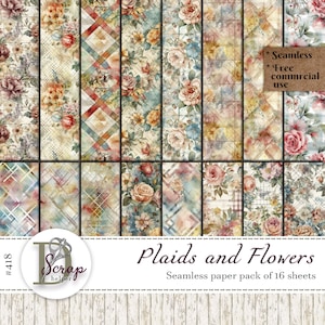 Patrón sin costuras de flores vintage Patrón sin costuras de cuadros Floral Shabby chic Cottagecore Primavera Verano Uso comercial gratuito de 16 hojas #418