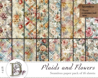 May include: A digital paper pack with 16 seamless patterns featuring floral designs and plaid patterns in shades of pink, blue, green, and yellow. The text "Plaids and Flowers" is displayed at the bottom of the image. The text "Seamless paper pack of 16 sheets" is displayed below the title. The text "* Seamless * Free commercial use" is displayed in the upper right corner of the image.