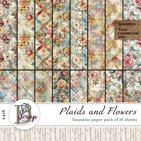 Vintage flowers seamless pattern Plaid seamless pattern Floral Shabby chic Cottagecore Spring Summer Free commercial use of 16 sheets #418