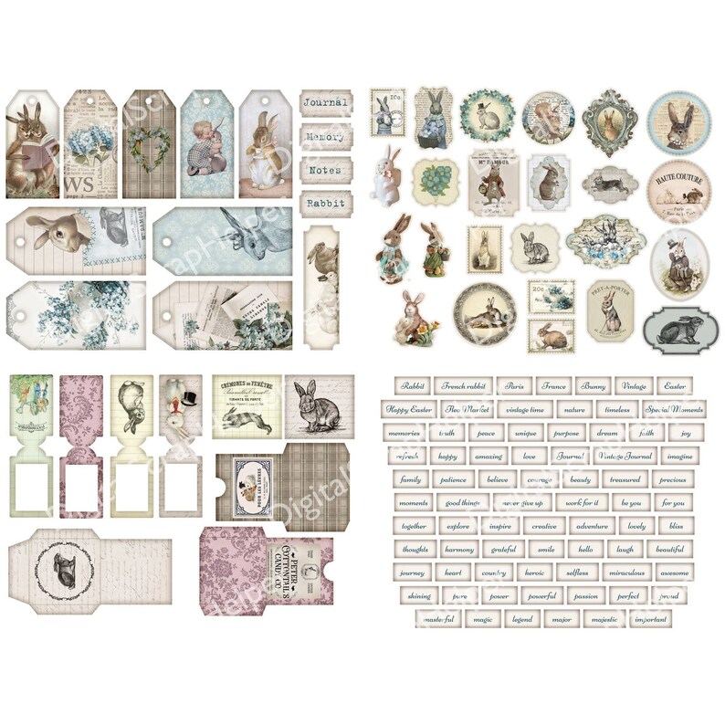 French Rabbit Junk Journal Kit Printable of 32 Sheets Shabby Chic Bunny ...