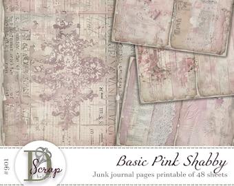 Pink shabby junk journal pages printable of 48 sheets Vintage basic Grunge Lace Antique pink Floral Shabby pink junk journal supplies #901