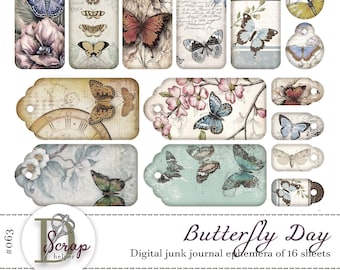 Butterfly junk journal ephemera printable of 16 sheets Floral Botanical Insect Shabby chic Cottagecore Women Lady junk journal supplies #063