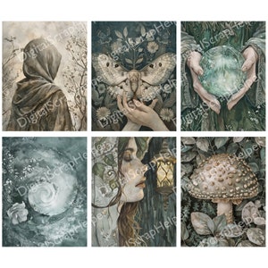Pu&ograve; includere: Un collage di sei immagini con un tema fantasy. Le immagini mostrano una figura incappucciata, una falena, una mano che tiene una sfera di cristallo, un motivo blu e bianco vorticoso, una donna con gli occhi chiusi e un fungo.