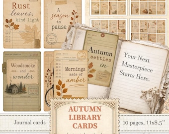 Tarjetas de biblioteca de otoño. Material efímero ATC de otoño para diarios y collages de temporada / Descarga digital / 1585