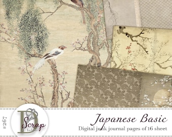 Vintage Japanese junk journal pages printable of 16 sheets Oriental Asian Chinese Nature Birds junk journal supplies #267