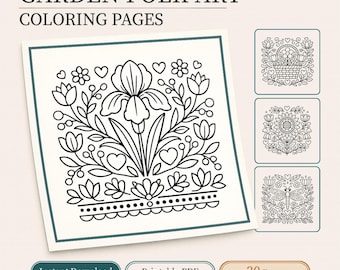 Garden folk art coloring book of 30 bold & easy PDF pages | Digital download